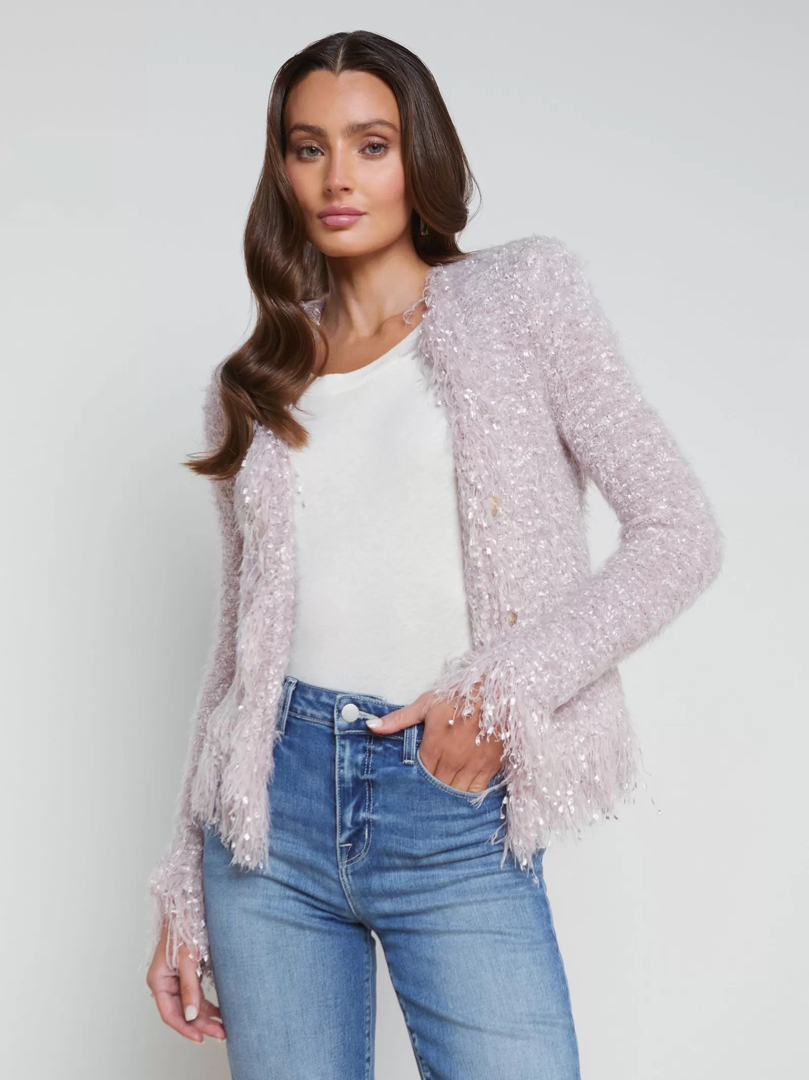 L'AGENCE Azure Fringe Cardigan Blazer< Back in Stock | Maternity